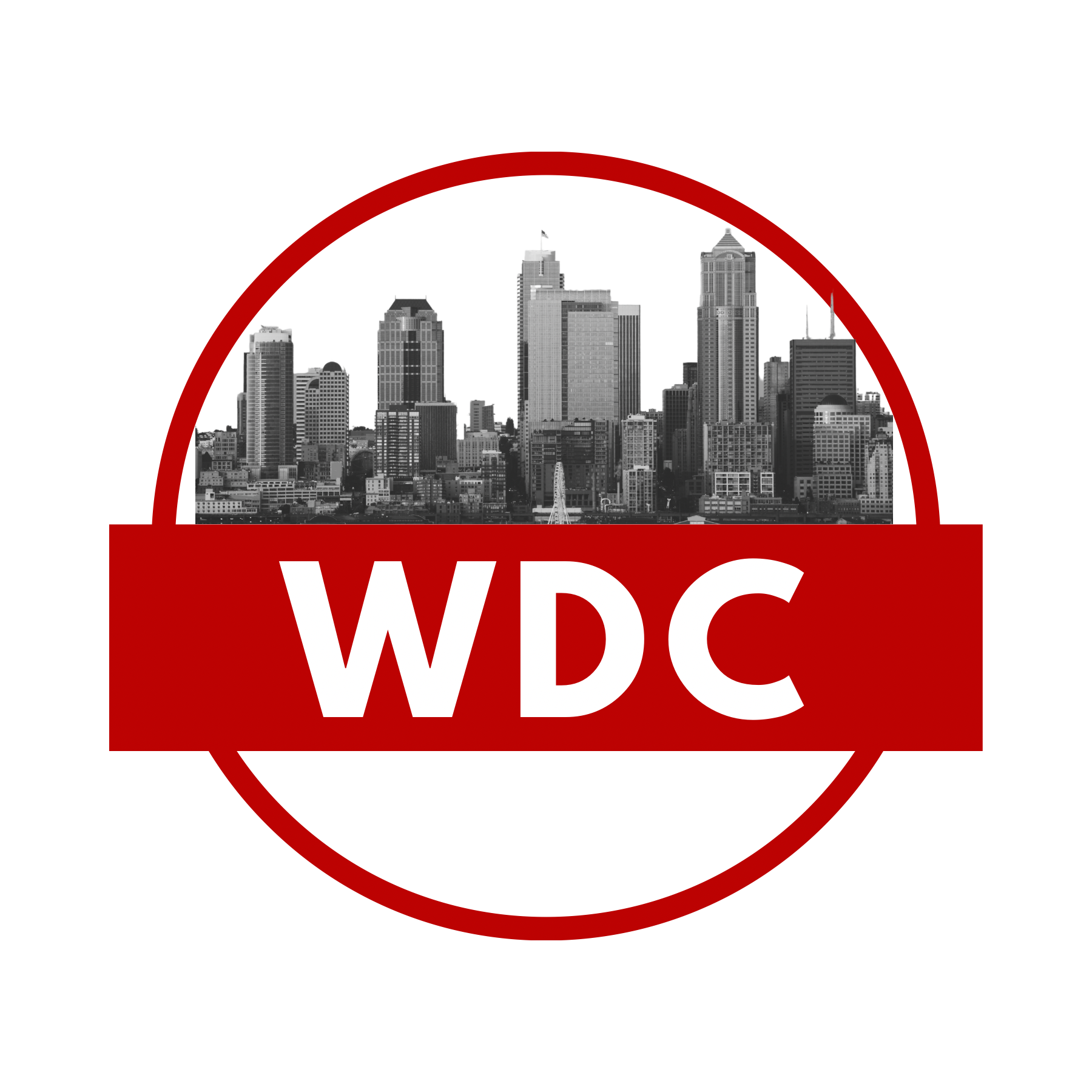 City of Seattle Skyline on top of a red rectangle with white letters W D C.